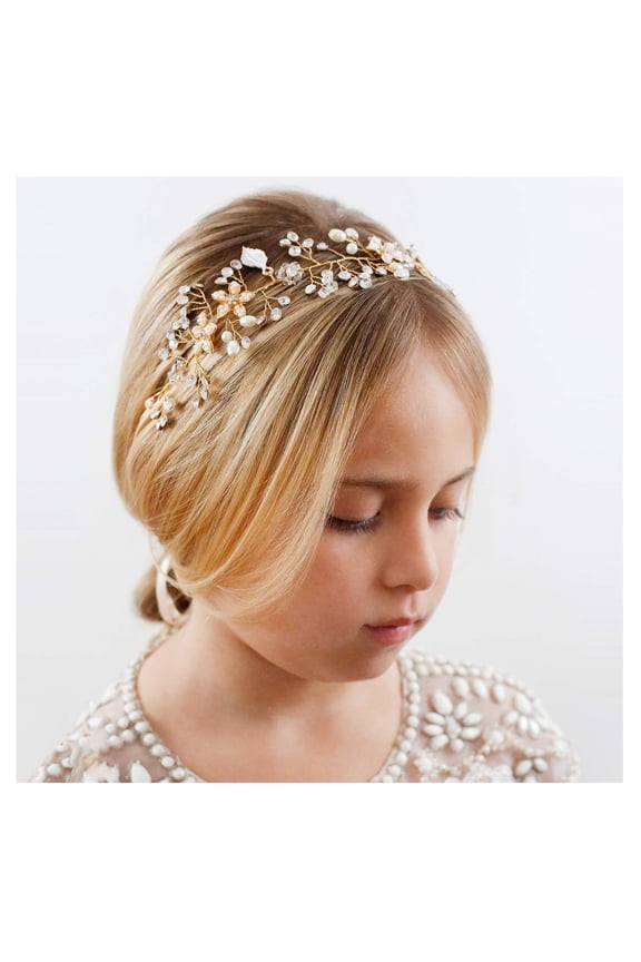Flower Girl Headband for Wedding, Baby Girl Flower Pearl Hair Piece, Gold Headpiece for Birthday Party, Photography
