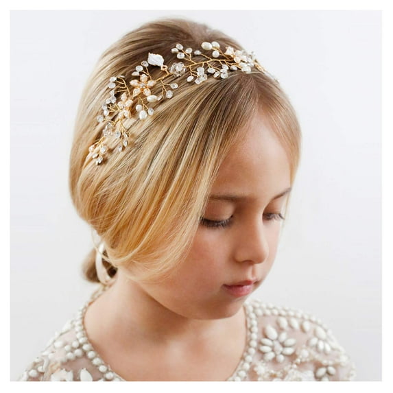 Flower Girl Headband for Wedding, Baby Girl Flower Pearl Hair Piece, Gold Headpiece for Birthday Party, Photography