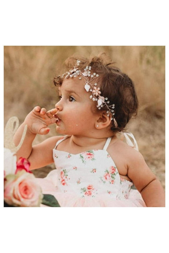 Flower Girl Headband for Wedding, Baby Girl Flower Pearl Hair Piece, Gold Headpiece for Birthday Party, Photography