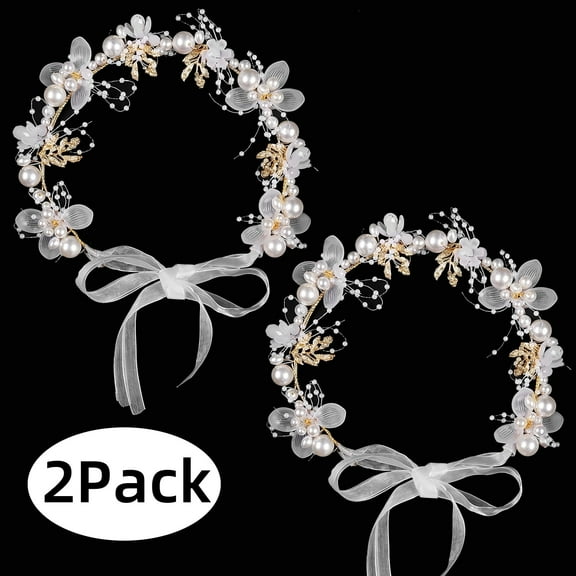 Flower Crown Bridal Pearl Flower Headpiece, Headband for Girls,Flower Girl Hair Accessory for Women Girls Baby Hair 2pack