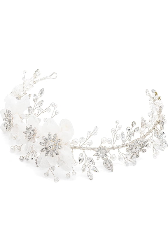 Flower Girl Headpiece Ivory Tulle Flowers Wedding Headband for Girls Brides, Princess Pearl Hair Accessories for Birthday Party, First Communion Bridal Headpiece For Women