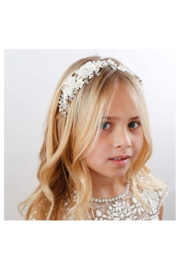 Flower Girl Headpiece Ivory Tulle Flowers Wedding Headband for Girls, Princess Pearl Hair Accessories for Birthday Party, First Communion