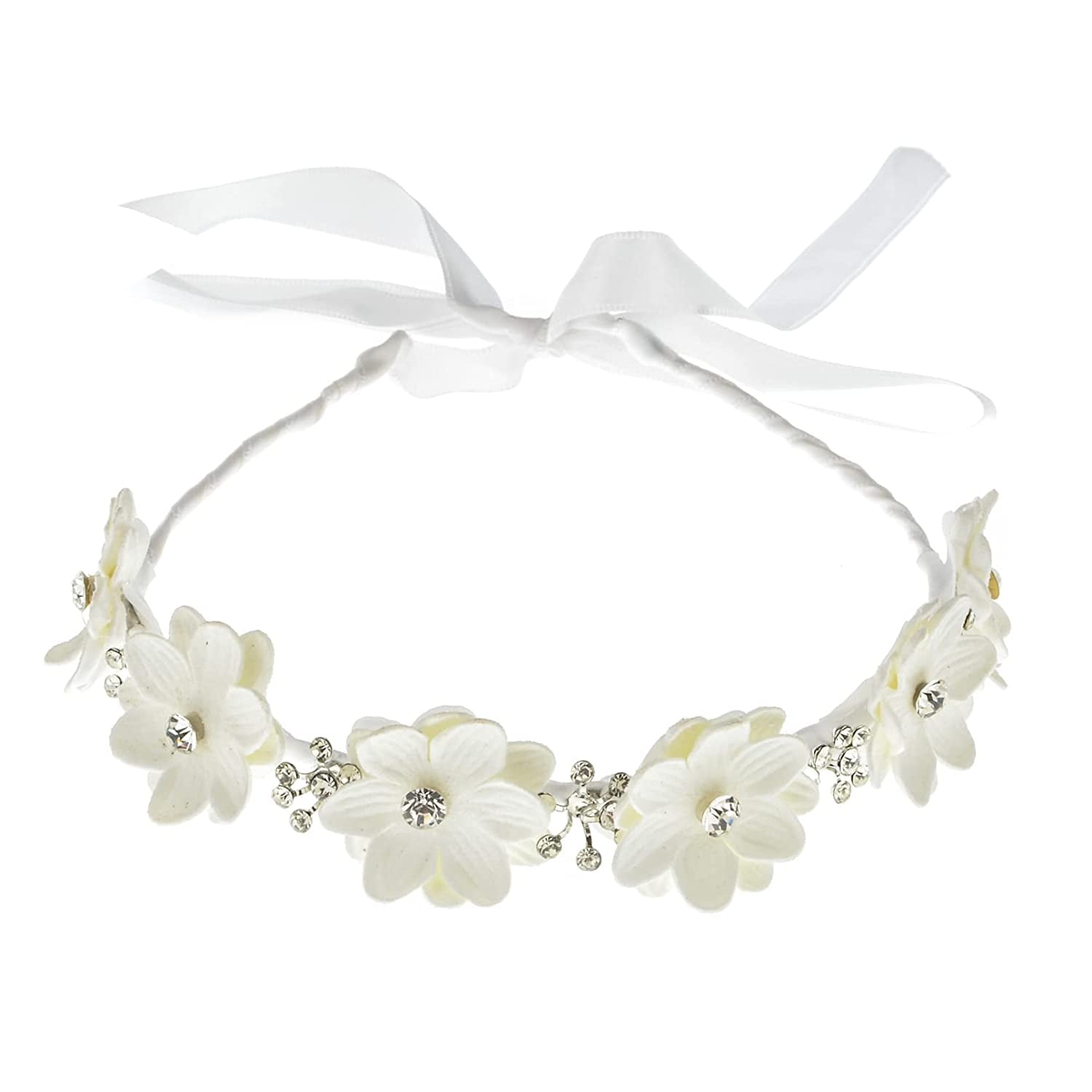 Flower Girl Headpiece Princess Wedding Headband Girls First Communion White Floral Wreath Hair Accessory (White)