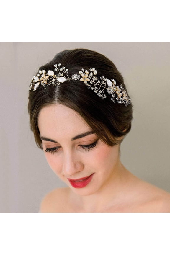 Flower Girl Pearl Headband for Wedding, Baby Girl Gold Leaf Floral Hairpiece – Birthday Party Hair Accessory with Delicate Bridal Style