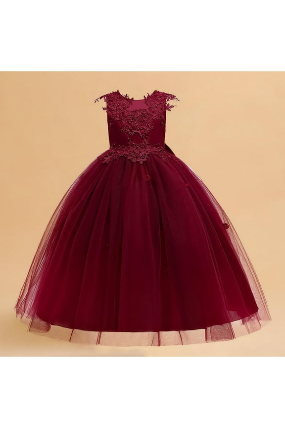 Flower Girl Vintage Long Embroidery Lace Floral Dress for Kids Princess Wedding Bridesmaid Communion Puffy Tulle Maxi Gown