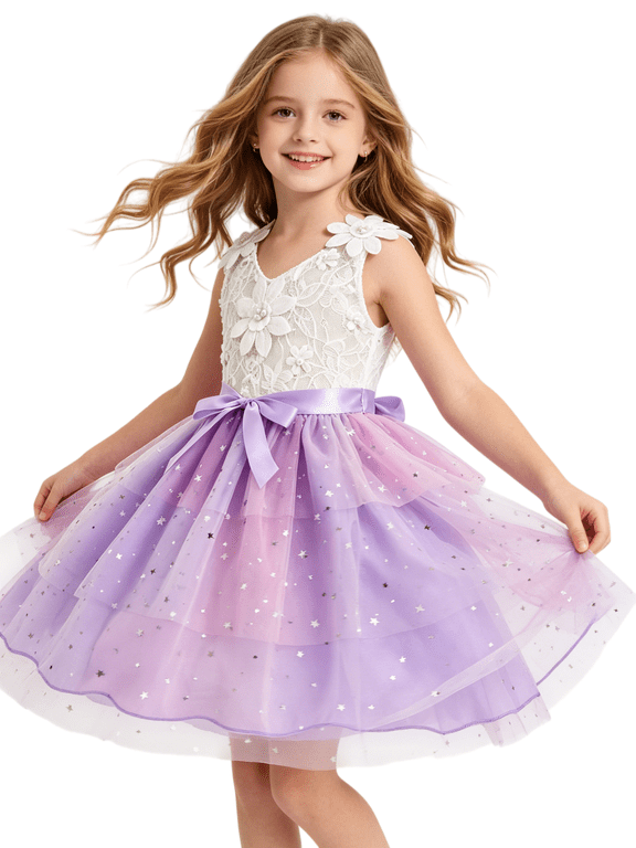 Flower Girl Wedding Dress Toddler Little Girls Sleeveless Lace Floral Bow Waist Gradient Purple Tulle Party Dress for Birthday Pageant Formal Event