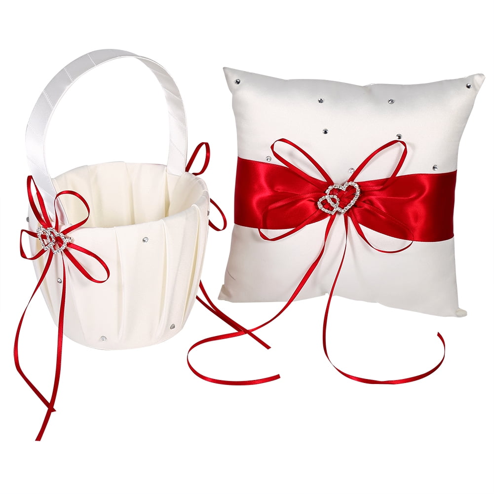 Flower Girls Basket and Ring Pillow Set Satin Bowknot for Wedding Party