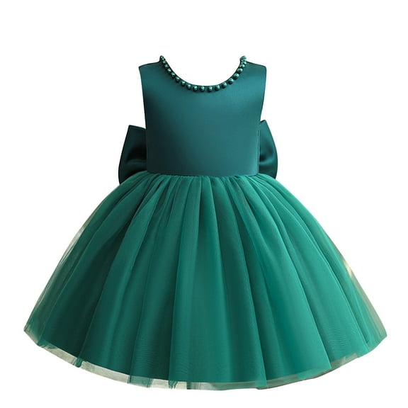 Flower Girls Beaded Bowknot V-Back Lace Tutu Dress for Kids Baby Birthday Party Formal Wedding Dresses