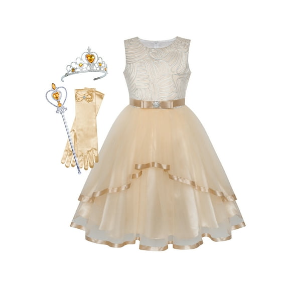 Flower Girls Dress Beige Princess Crown Dress Up Party 4 Years