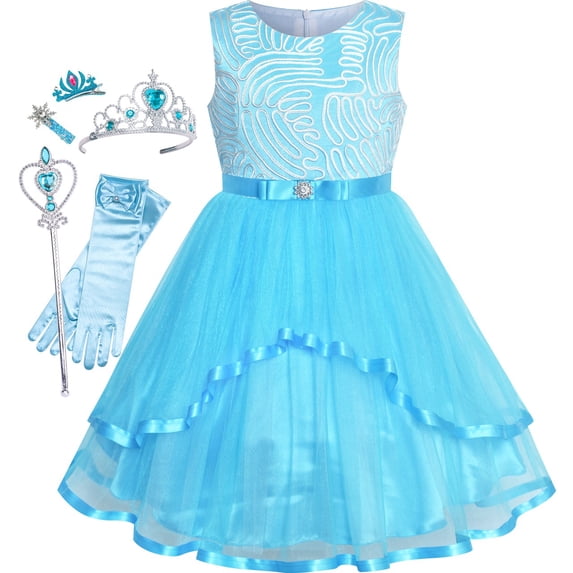 Sunny Fashion Flower Girls Dress Blue Princess Crown Hair Clip Dress Up 7 Years
