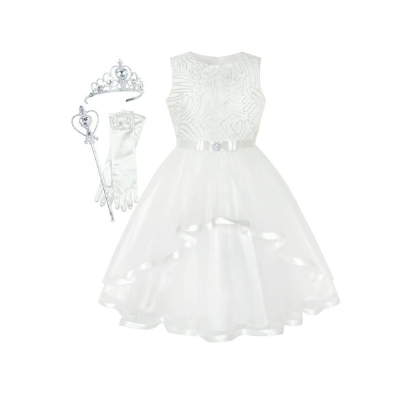 Flower Girls Dress Off-White Princess Crown Dress Up Party 6 Years