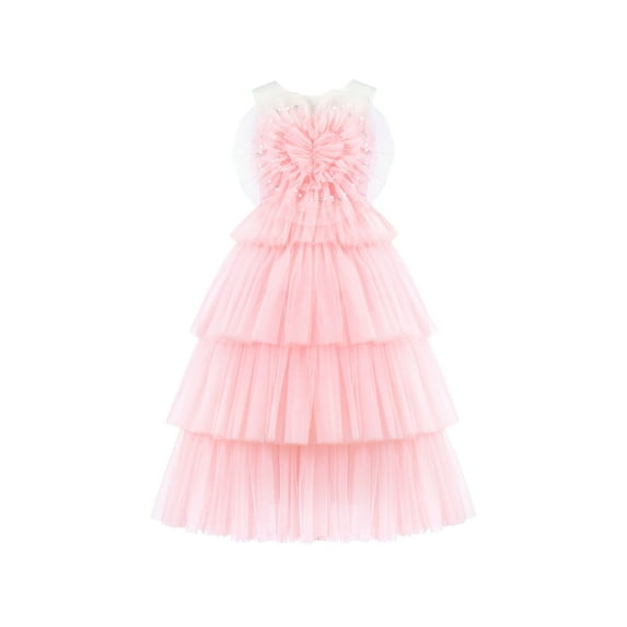 Flower Girls Dress Pink Cake Skirt Pearl Diamond Heart Bodice Backless 7 Years