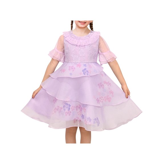 Flower Girls Dress Purple Floral Lace Ruffle Sleeve Formal Party Wedding Elegant Tulle Mesh 5 Years