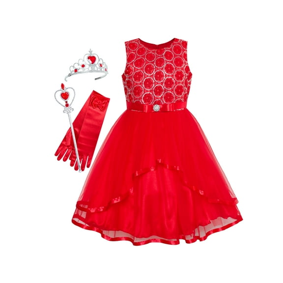 Flower Girls Dress Red Princess Crown Dress Up Party 4 Years