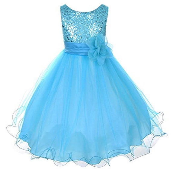 Flower Girls Dress Sequin Glitter Beaded Dress Wedding Prom Bridesmaid Aqua Baby Size S-xl Girls 2-14 Months)