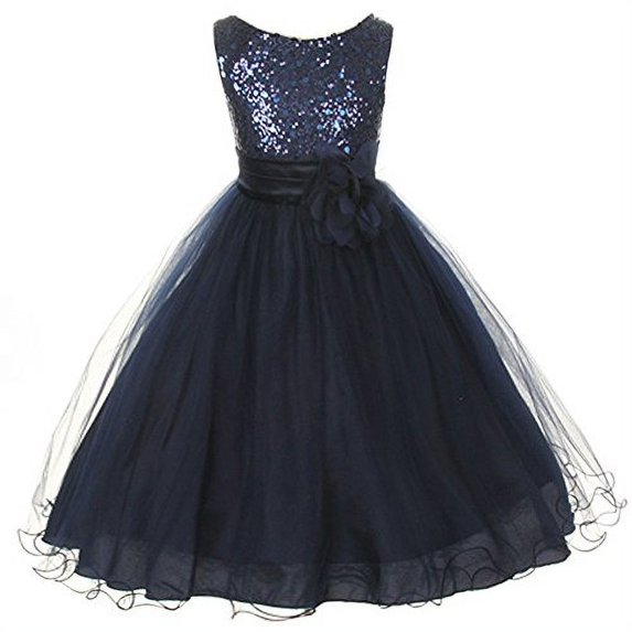 Flower Girls Dress Sequin Glitter Beaded Dress Wedding Prom Bridesmaid Navy Blue Baby Size S-XL Girls 2-14 S (3-6 Months)