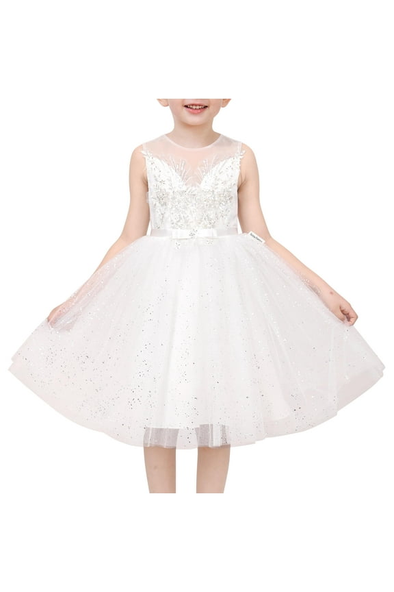 Flower Girls Dress White Rhinestone Mesh Tulle Wedding Bridesmaid Party 10 Years