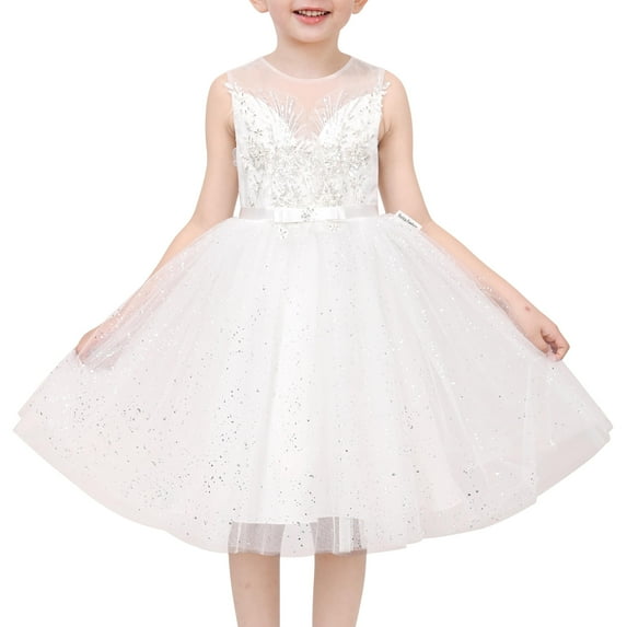 Flower Girls Dress White Rhinestone Mesh Tulle Wedding Bridesmaid Party 6 Years