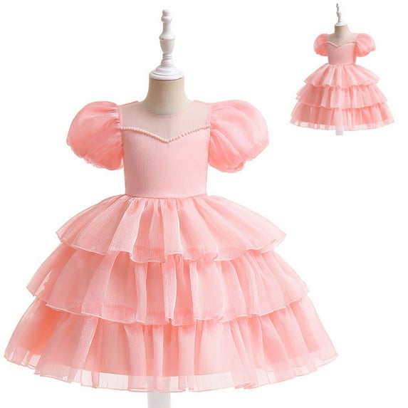 Flower Girls Dresses Pearl Puff Sleeve Tulle Wedding Princess Dress for 4-9Year