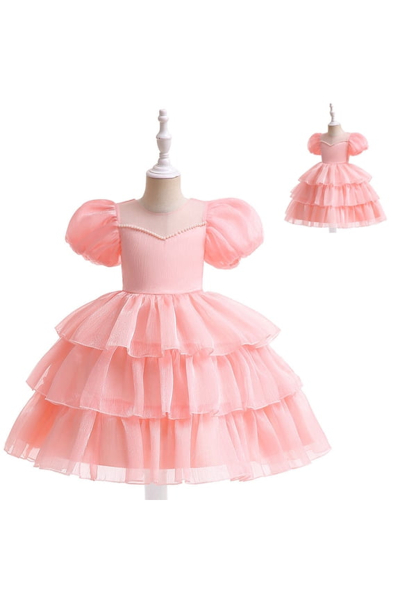 Flower Girls Dresses Pearl Puff Sleeve Tulle Wedding Princess Dress for 4-9Year