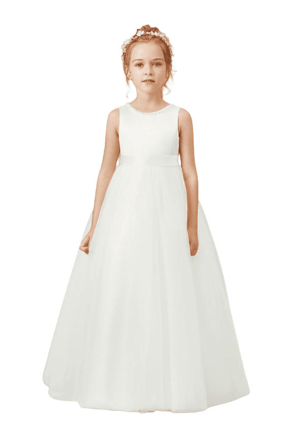 Flower Girls Dresses for Wedding Satin Tulle Princess Pageant Dress Kids Pearls Prom Ball Gowns with Bow-Knot Ivory(6 -7 Years)