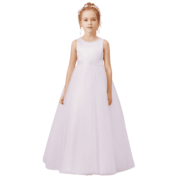 Flower Girls Dresses for Wedding Satin Tulle Princess Pageant Dress Kids Pearls Prom Ball Gowns with Bow-Knot White(8 -9Years）