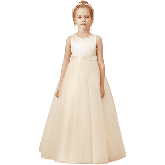 Flower Girls Dresses for Wedding Satin Tulle Princess Pageant Dress Kids Pearls Prom Ball Gowns with Bow-KnotChampagne（10 -11Years）