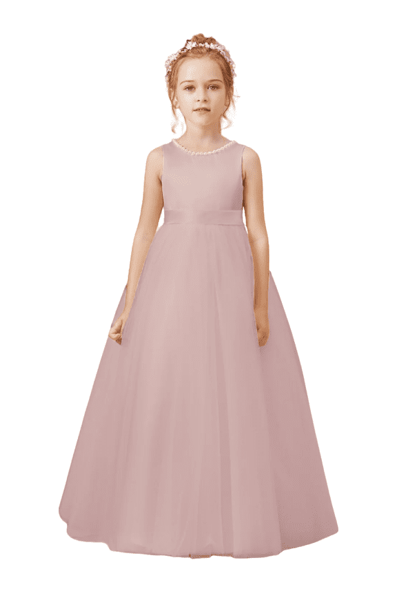 Flower Girls Dresses for Wedding Satin Tulle Princess Pageant Dress Kids Pearls Prom Ball Gowns with Bow-KnotDusty Rose（ 6 -7 Years）