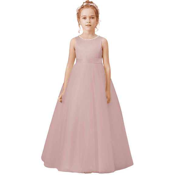 Flower Girls Dresses for Wedding Satin Tulle Princess Pageant Dress Kids Pearls Prom Ball Gowns with Bow-KnotDusty Rose(8 -9Years)