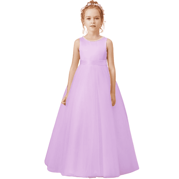 Flower Girls Dresses for Wedding Satin Tulle Princess Pageant Dress Kids Pearls Prom Ball Gowns with Bow-KnotLilac（14 -15Years）