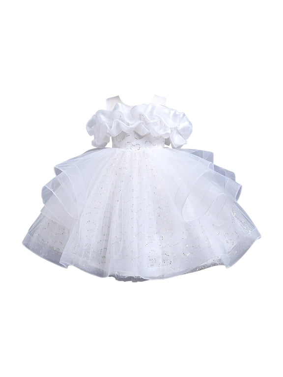 Flower Girls Off The Shoulder Patchwork Tulle Dresses Shiny Sleeveless Sparkly Special Occasion Party Dress for 3-14 Years