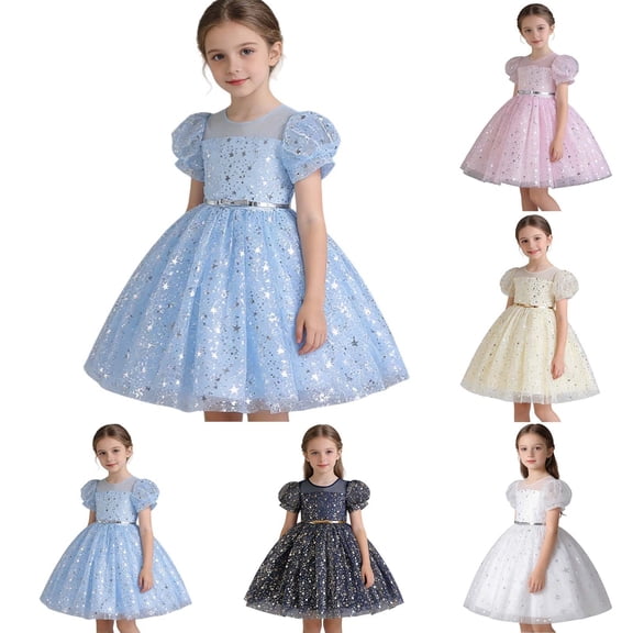 Flower Girls Puff Sleeve Dress Wedding Satin Dresses Princess Birthday Party Prom Ball Gown Navy 5 Y-6 Y