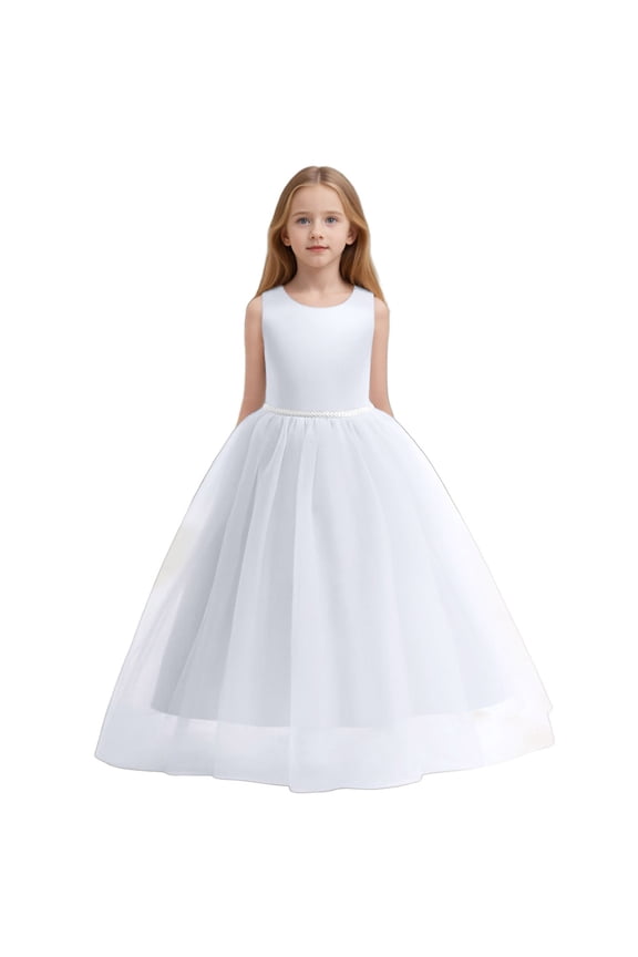 Flower Girls Satin Pageant Dress For Wedding Kids Pearls Prom Gowns With Bow Knot