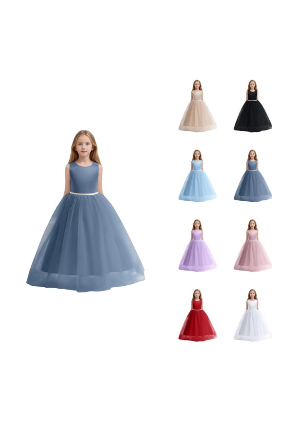 Flower Girls Satin Pageant Dress with Pearls and Bow Knot, V-Back Long A-Line Bridesmaid Gown for Wedding, Prom & Princess Party