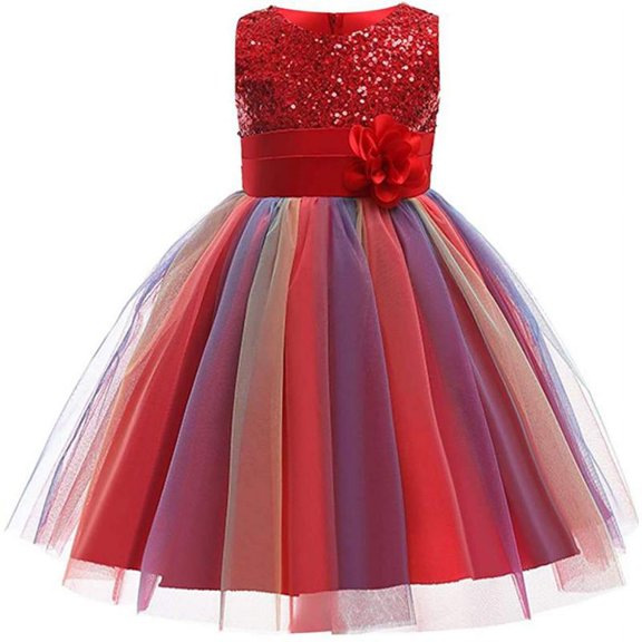Flower Girls Sequin Dress Rainbow Tutu Birthday Party Princess Dress Pageant Gown