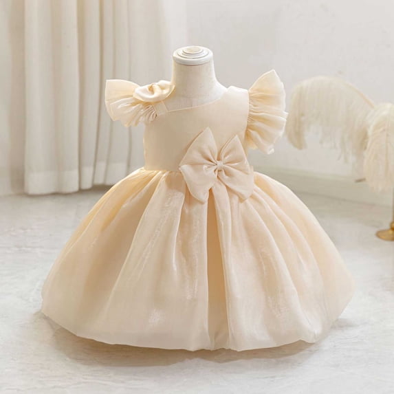 Flower Girls Wedding Tulle Dresses Princess High Low Beaded Pageant Prom Birthday Party Evening Dance Ball Gown Beige 18-24 Months