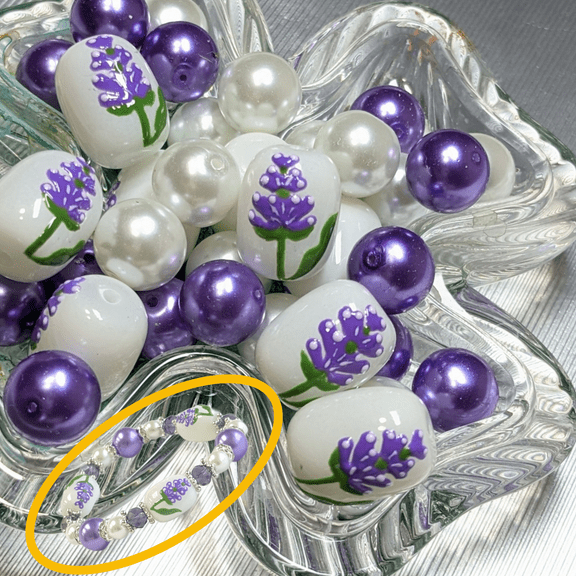 Flower Glass Beads For Bracelets Making, DIY Jewelry Supplies, Gift For Beader, 40 pcs, Lavender