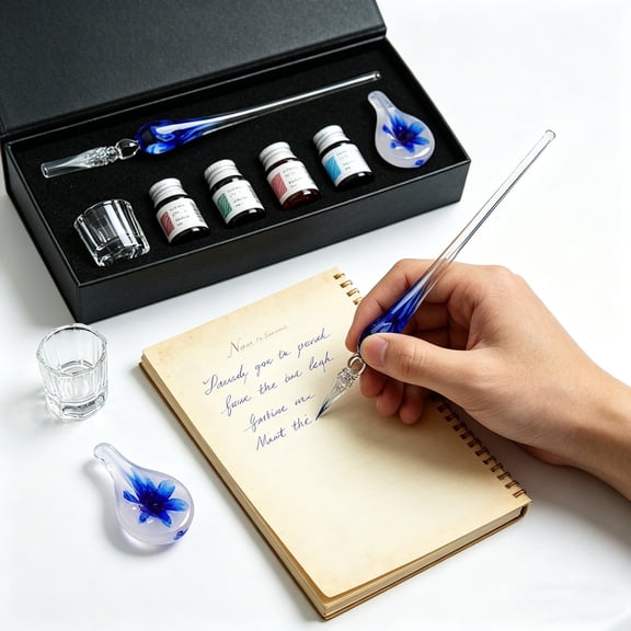 Flower Glass Pen Set (C) - Glass Writing Pen with Multiple 20ml Ink Bottles, Pen Rack & Washing Cup, Flower Pattern Crystal Pen, Elegant & Smooth Writing, Ideal Birthday Gift for Writing Enthusiasts.