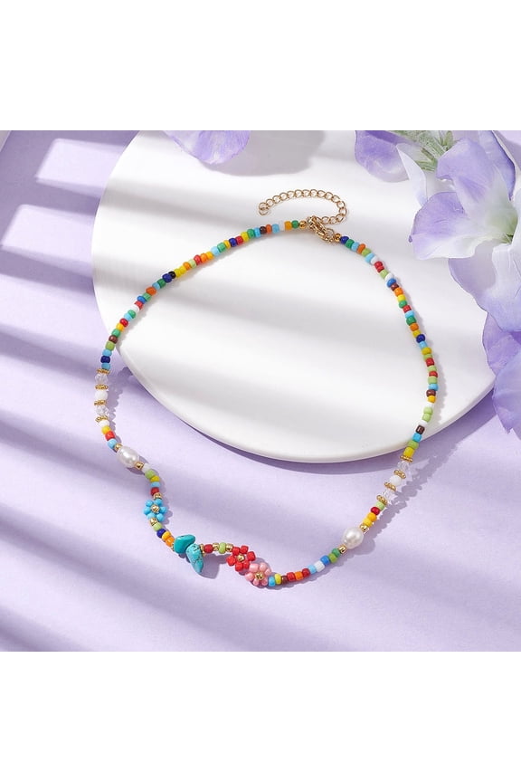 Flower Glass Seed & Pearl Beaded Necklaces with Turquoise Chip 14.57 inch(37cm)