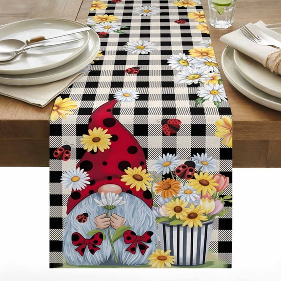 Flower Gnome Cotton Linen Table Runner White Yellow Flowers Daisy Ladybug Spring Vintage Plaid Dining Table Runners for Home Decor Party Dining Room Restaurant Kitchen 13" x 36"