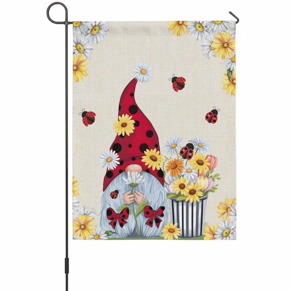 Flower Gnome Garden Flags For Outdoor, White Yellow Flowers Daisy Ladybug Spring Vintage Linen Small Double Side Yard Flags Weather Proof Garden Decor for Lawn Outside Holiday 12 x 18 Inches
