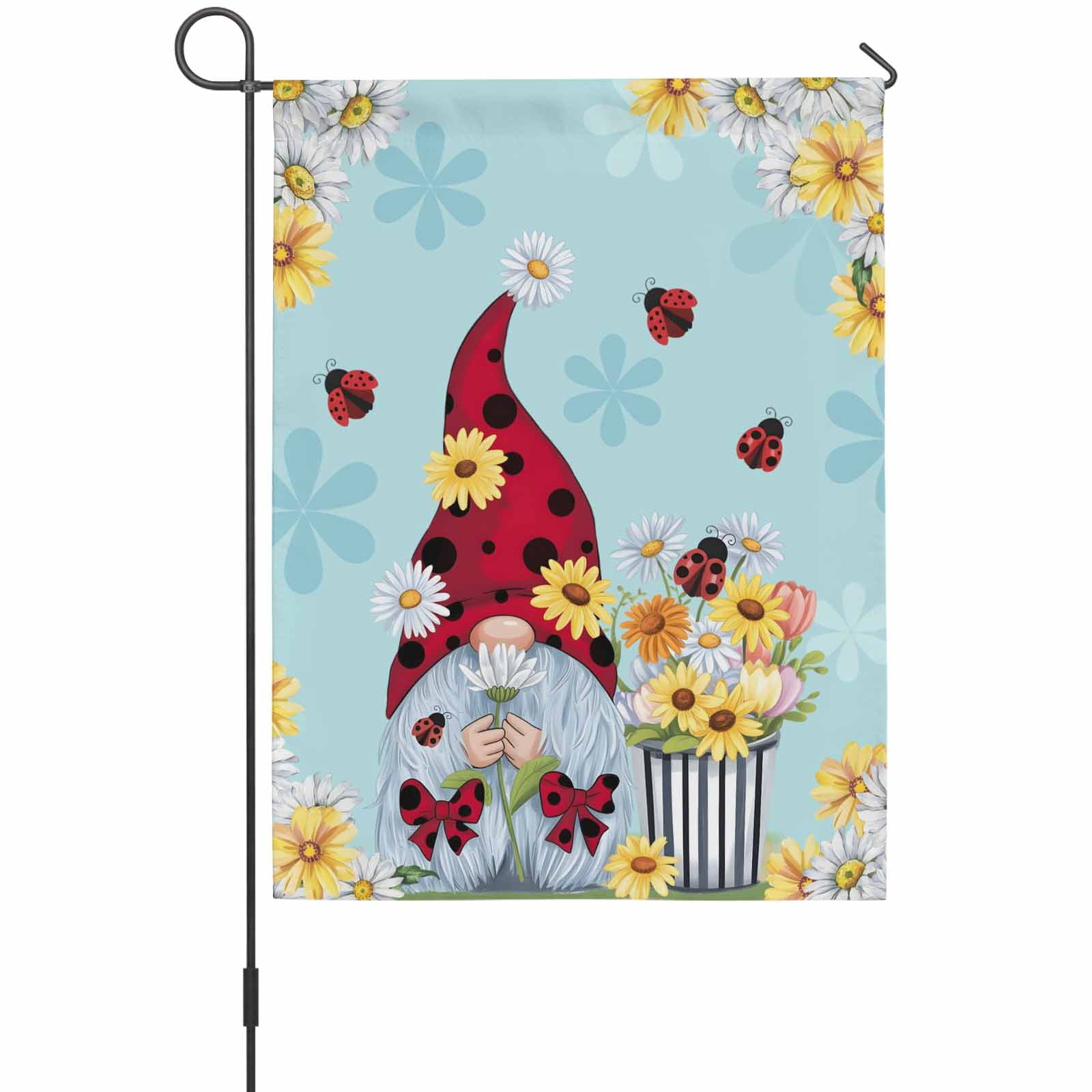 Flower Gnome House Flags For Outdoor, White Yellow Flowers Daisy Ladybug Spring Blue Small Double Side Yard Flags Weather Proof House Decor for Lawn Outside Holiday 28 x 40 Inches