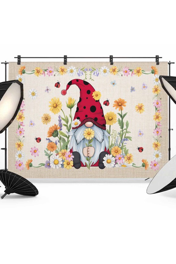 Flower Gnome Photography Backdrop 7x5FT, Pink Yellow Flowers Daisy Ladybug Spring Linen Texture Photo Backdrops, Background for Photography Studio Photo Studio Background, Back Drop for Photoshoot