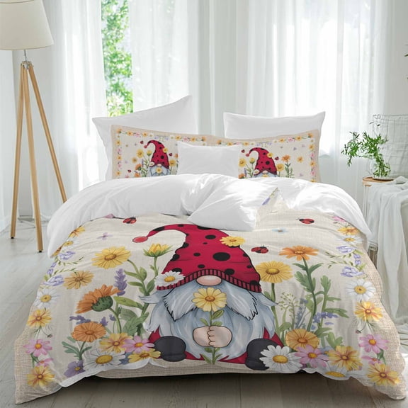 Flower Gnome Queen Size Comforter Set, Pink Yellow Flowers Daisy Ladybug Spring Linen Texture Bedding for All Seasons, 4 Pcs Bed Set, 1Quiltcover (90"x92") ,1Sheet(94"x116"), 2Pillowcases (30"x20")