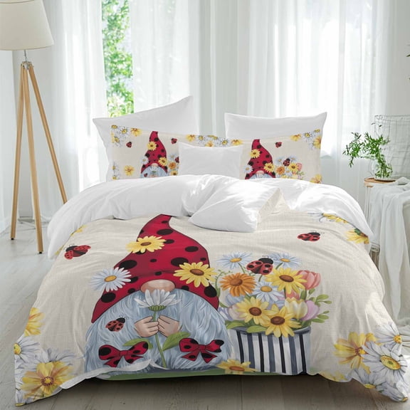 Flower Gnome Queen Size Comforter Set, White Yellow Flowers Daisy Ladybug Spring Vintage Linen Bedding for All Seasons, 4 Pcs Bed Set, 1Quiltcover (90"x92") ,1Sheet(94"x116"), 2Pillowcases (30"x20")