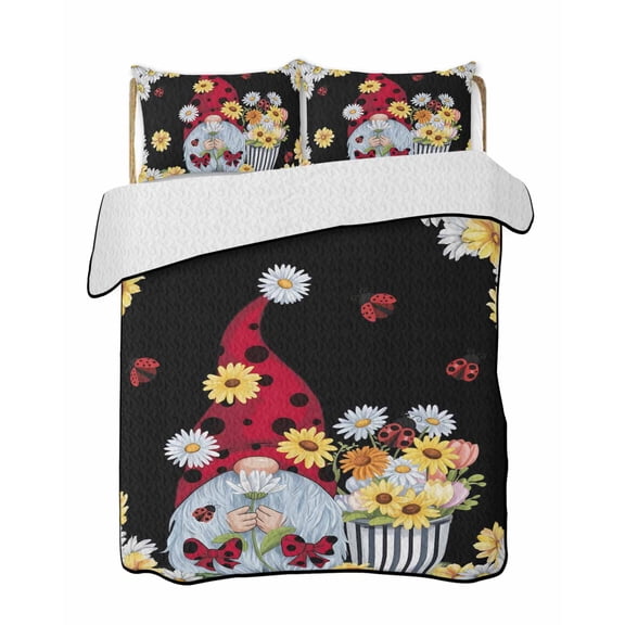 Flower Gnome Quilts Bedding Set Queen Size White Yellow Flowers Daisy Ladybug Spring Black Lightweight Quilted Bedspread 3 Piece Bed Quilt with 2 Pillow Shams All Season for Bedroom 78" x 90"