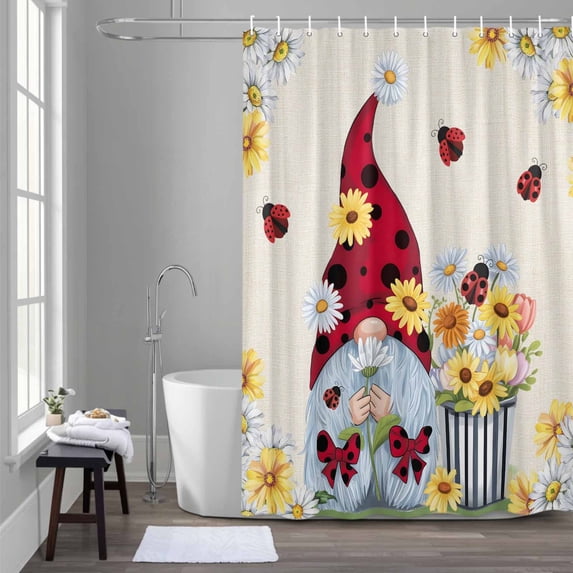 Flower Gnome Shower Curtain for Bathroom Decor, White Yellow Flowers Daisy Ladybug Spring Vintage Linen Waterproof Fabric Shower Curtain, 54"x78" Set with 12 Hooks