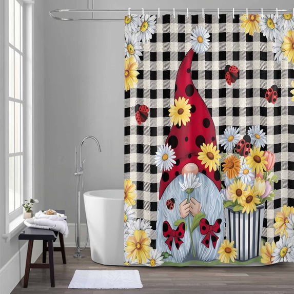 Flower Gnome Shower Curtain for Bathroom Decor, White Yellow Flowers Daisy Ladybug Spring Vintage Plaid Waterproof Fabric Shower Curtain, 54"x78" Set with 12 Hooks
