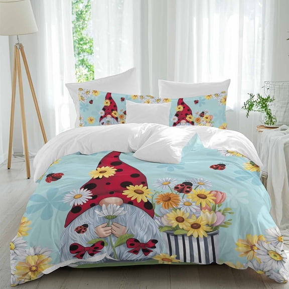 Flower Gnome Twin Size Comforter Set, White Yellow Flowers Daisy Ladybug Spring Blue Bedding for All Seasons, 4 Pcs Bed Set, 1 Quiltcover (68"x86") ,1Sheet(67"x116"), 2Pillowcases (30"x20")