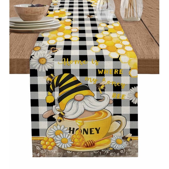 Flower Gnomes Burlap Cotton Table Runner 14x72 Inches Long, Vintage Buffalo Plaid Black Bee Daisy Farmhouse Table Runners, Outdoor Dining Tablecloths Decor for Baby Shower/Party/Wedding